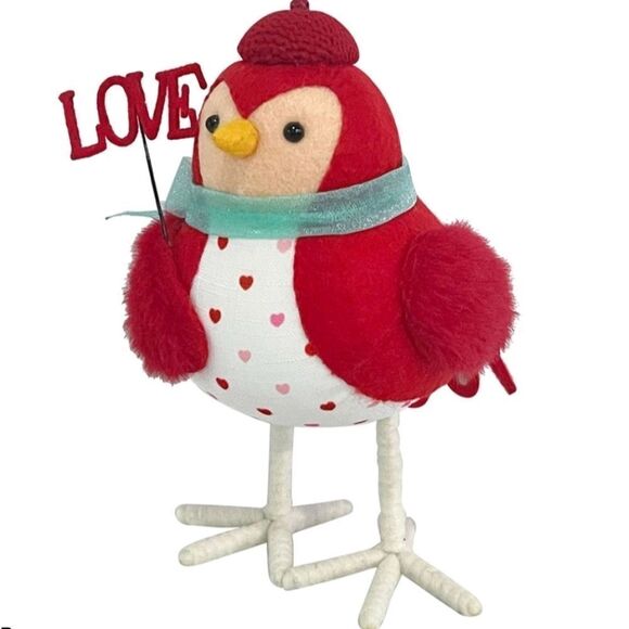 NEW 6.25" Fabric Valentine's Day Bird Figurine Holding 'Love' Sign - Picture 5 of 8